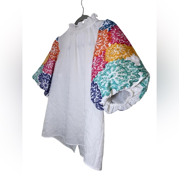 HTML  top white balloon/ puff short Sleeve with Embroidery size S boho chic - Picture 6 of 8